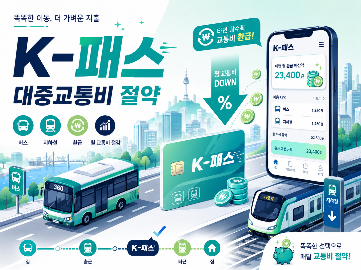 K-패스 교통비 환급 방법과 대중교통비 절약을 정리한 이미지