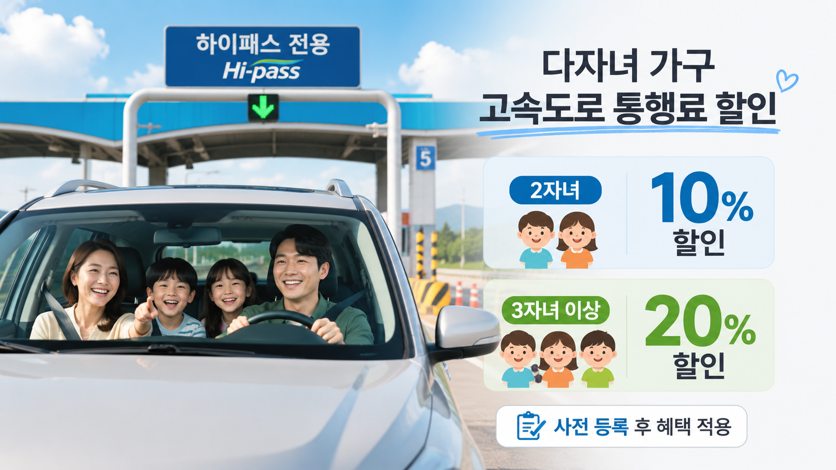 2자녀 고속도로 통행료 할인을 이용해 가족여행을 떠나는 차량