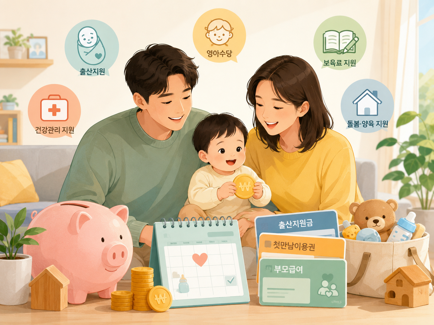 아이 키우는 가정 정부지원금 7가지를 확인하는 부모와 아이