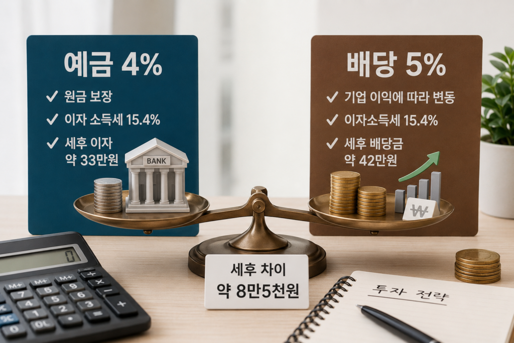 예금 4%보다 배당 5%가 유리한지 세후수익을 비교하는 모습