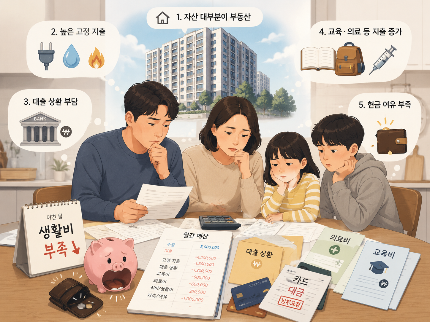 생활비 관리를 위해 월 소득과 고정비, 비정기지출을 계산하는 모습
